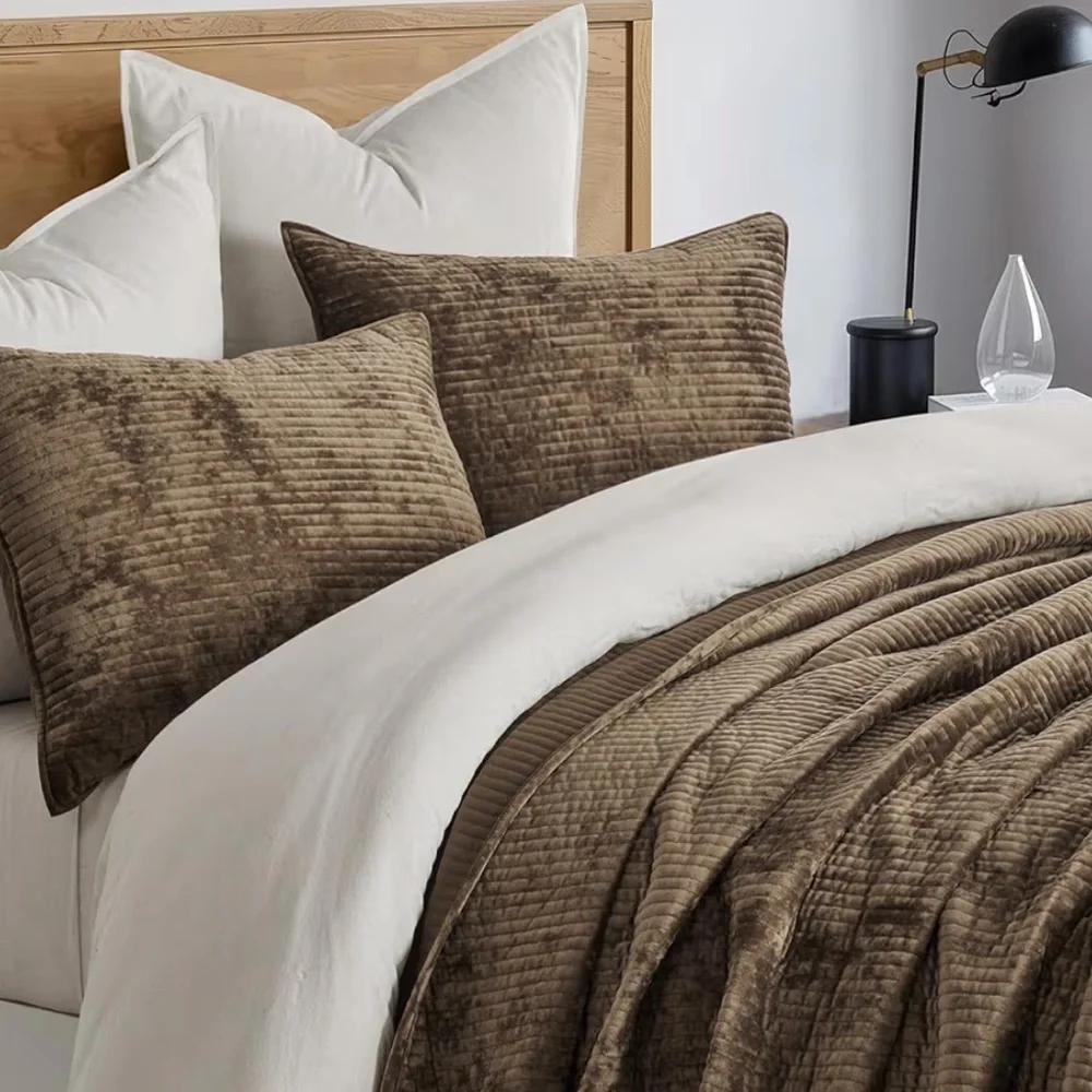 🆕 PB Style King 3 Piece Velvet Quilt Coverlet Set Chocolate Brown Luxe Soft NEW
